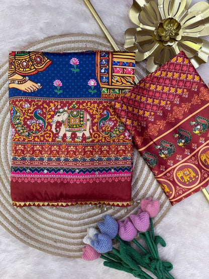 Soft Japan Satin Traditional Print Mirror Handwork Saree