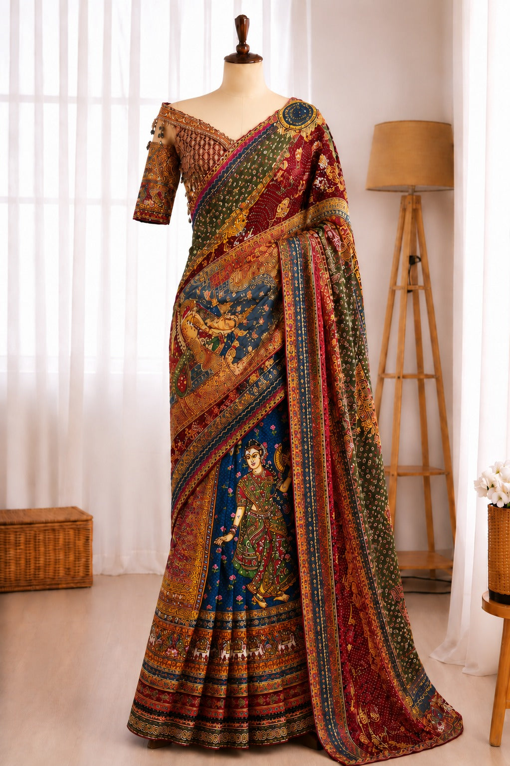 Soft Japan Satin Traditional Print Mirror Handwork Saree