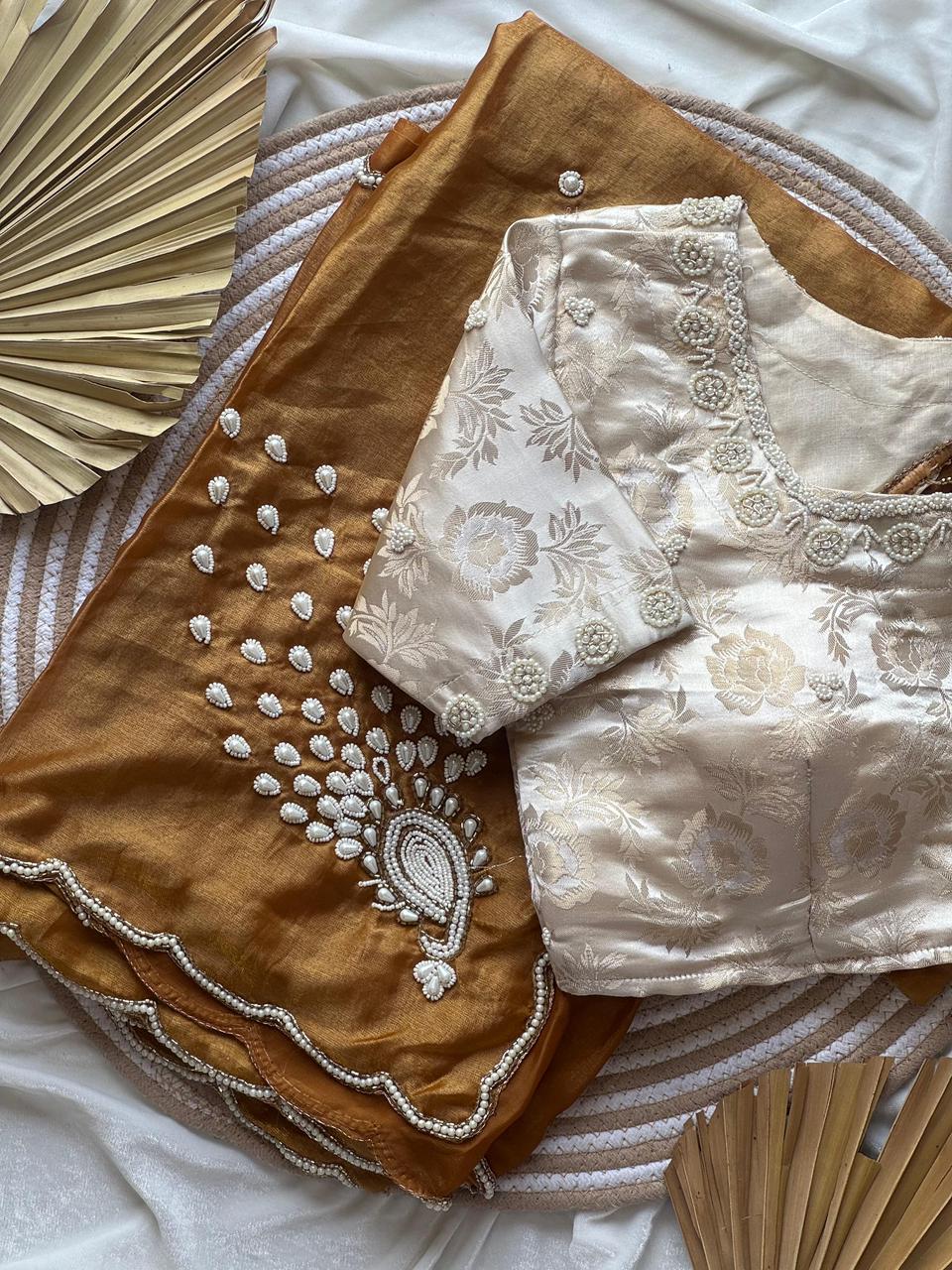 Pure Space Silk Zardosi Pearl Handwork Saree