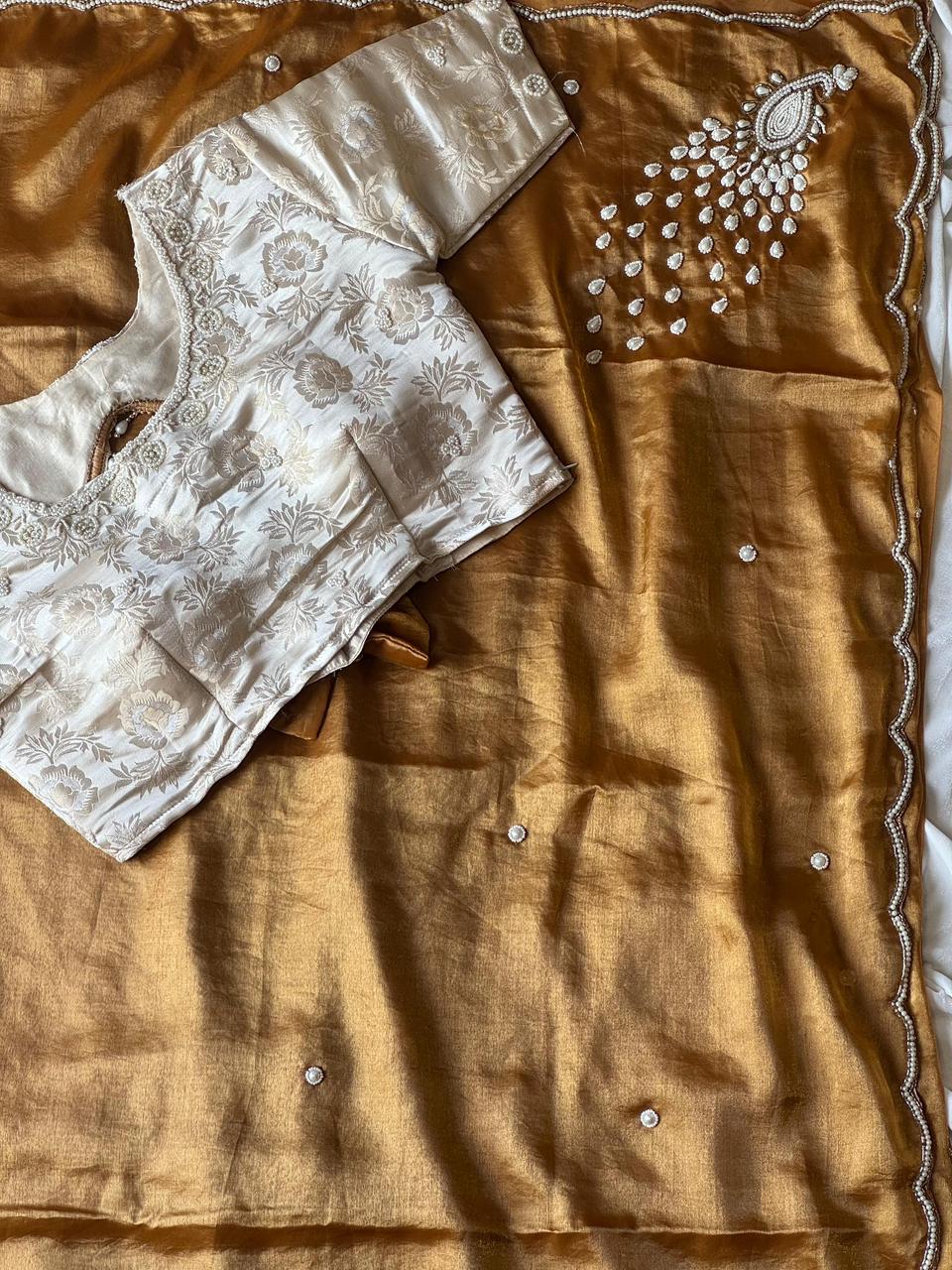 Pure Space Silk Zardosi Pearl Handwork Saree