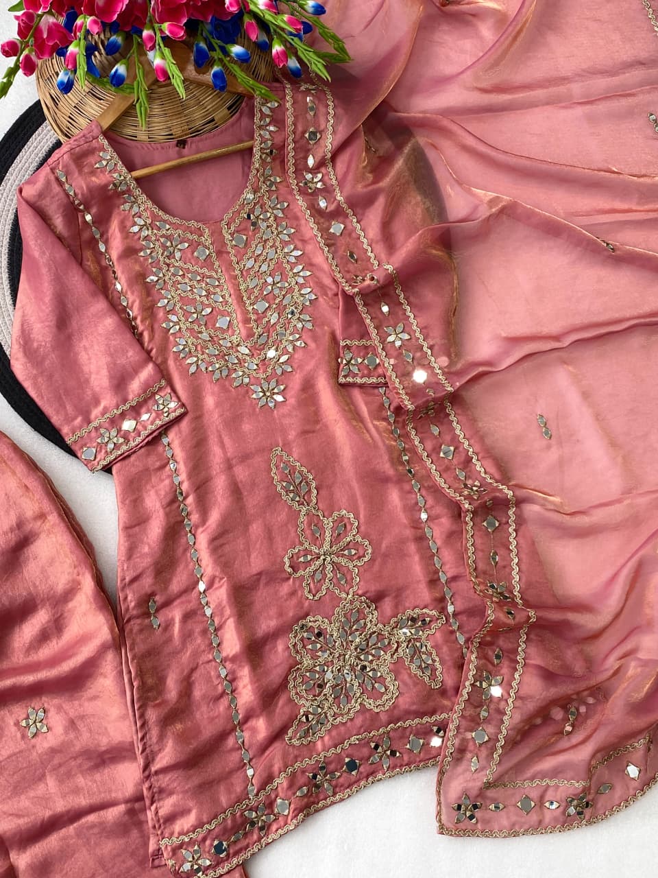 Fendy Silk Coding Zari Mirror Embroidery Work Top Pant