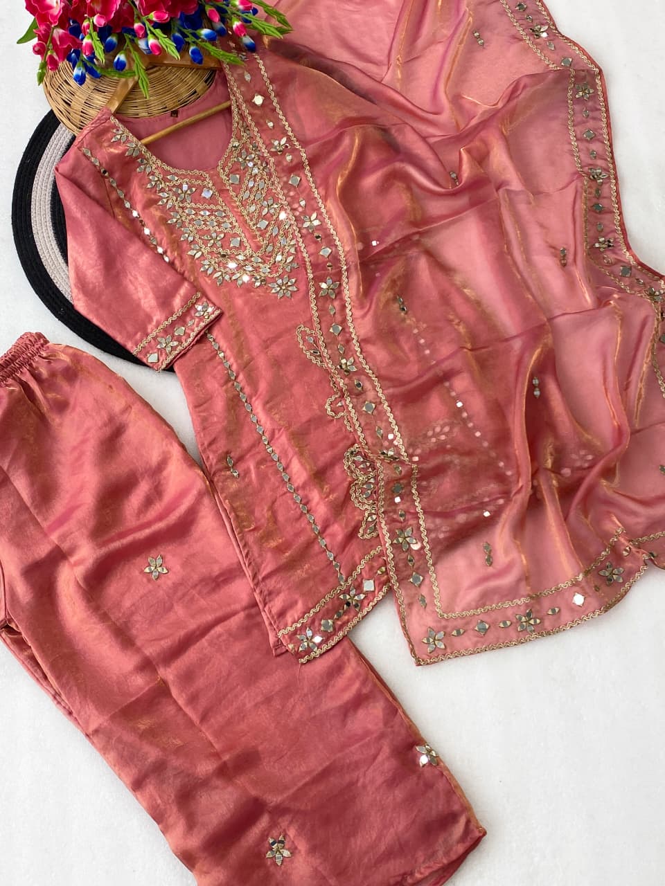 Fendy Silk Coding Zari Mirror Embroidery Work Top Pant