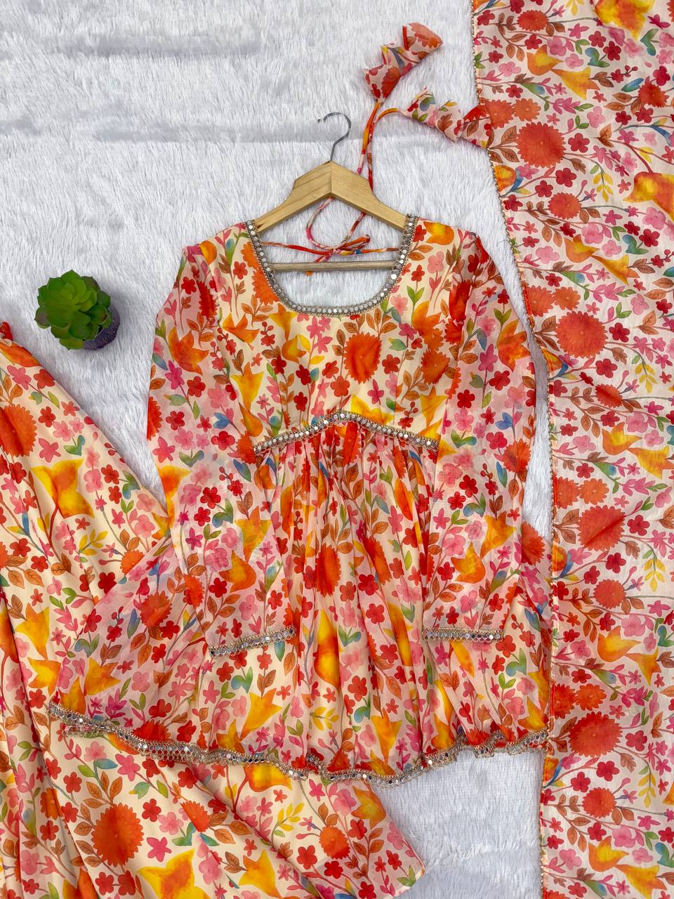 Pure Tabby Organza Mirror Print Kediya Kurta Palazzo