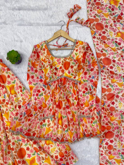 Pure Tabby Organza Mirror Print Kediya Kurta Palazzo