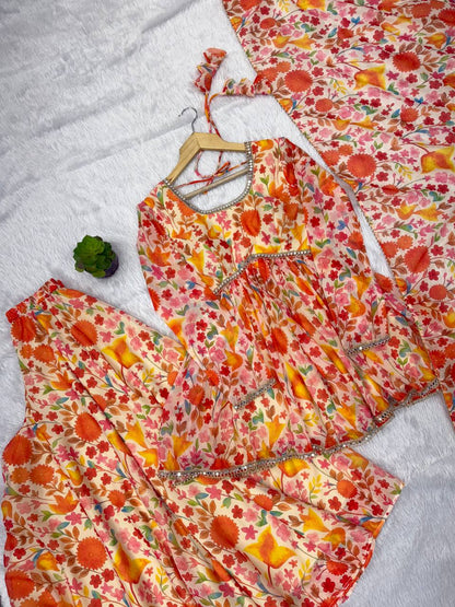 Pure Tabby Organza Mirror Print Kediya Kurta Palazzo