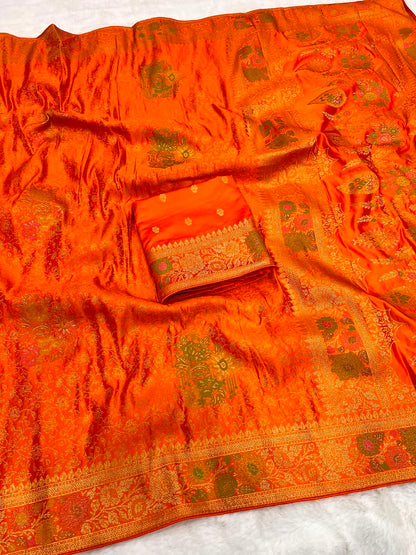 Heavy Mushroom Satin Silk Meenakari Zari Jacquard Weaving Saree