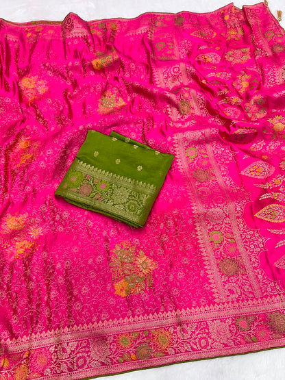 Heavy Mushroom Satin Silk Meenakari Zari Jacquard Weaving Saree
