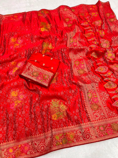 Heavy Mushroom Satin Silk Meenakari Zari Jacquard Weaving Saree