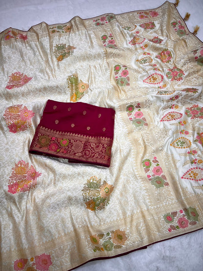 Heavy Mushroom Satin Silk Meenakari Zari Jacquard Weaving Saree