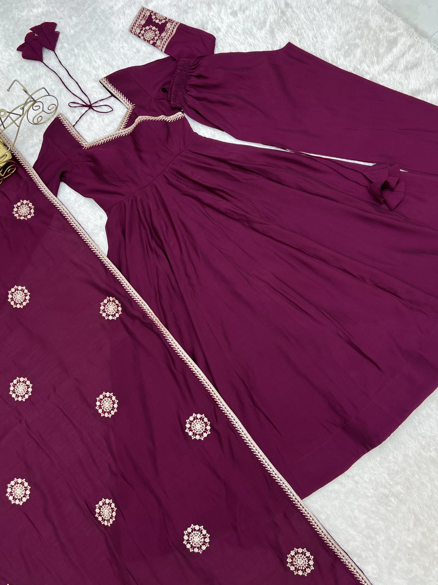 Pure Roman Chanderi Silk Sequence Embroidery Work Gown