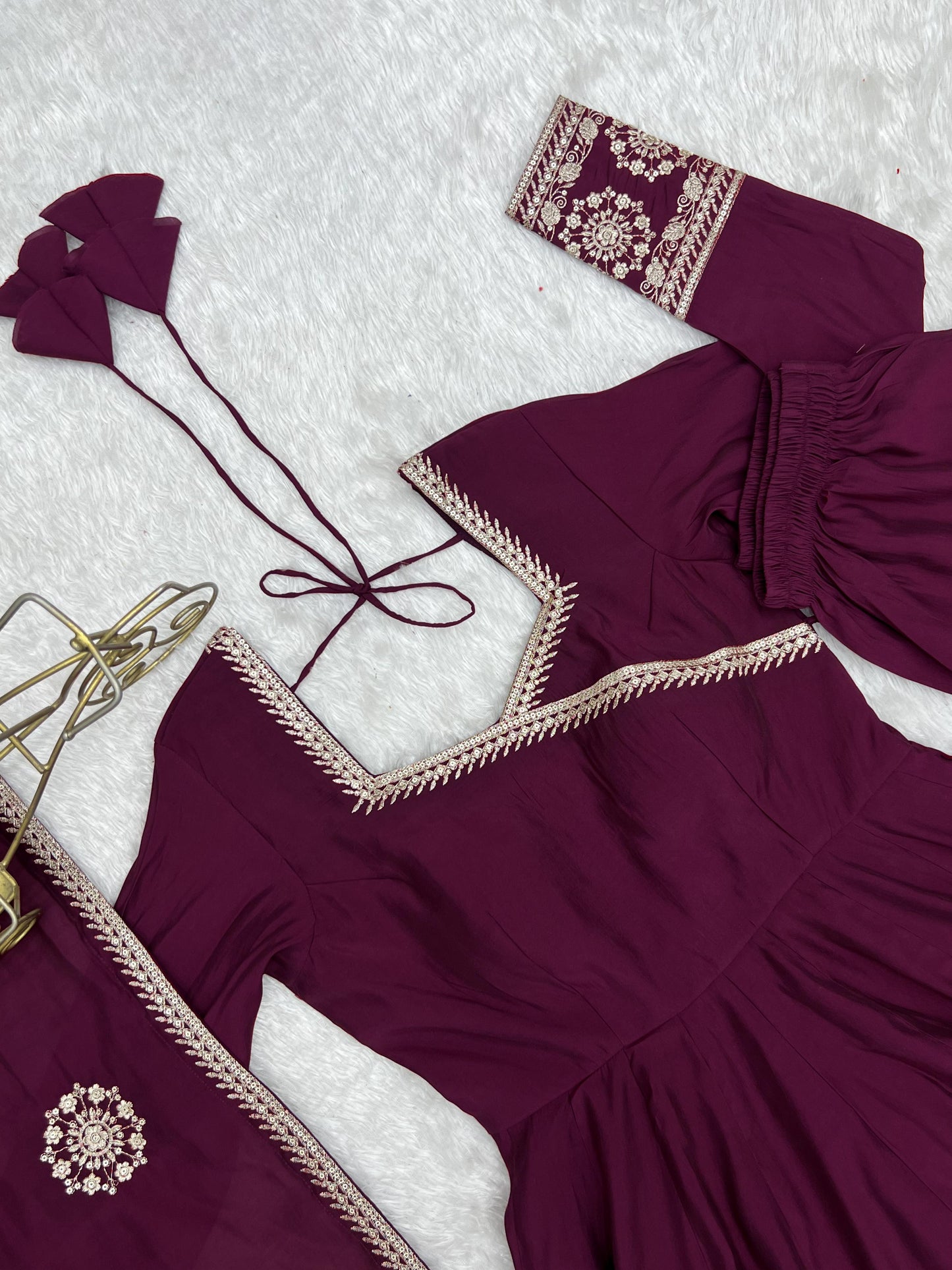 Pure Roman Chanderi Silk Sequence Embroidery Work Gown