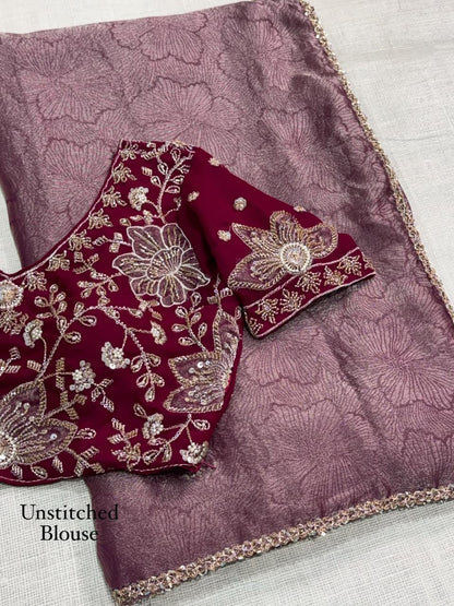 Mauve Blossom Royale – Fandy Satin Jacquard Saree