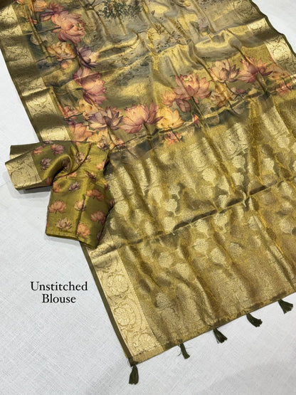 Olive Zari Royale – Pure Glass Tissue Silk Saree