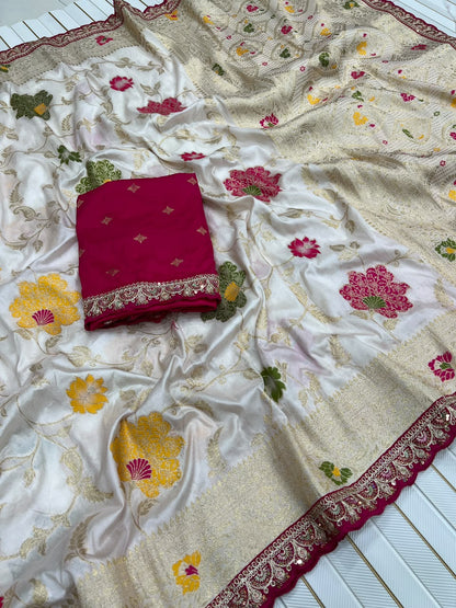 egant Wine Red & Ivory Dolla Silk Embroidered Saree with Unstitched Blouse