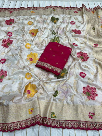 egant Wine Red & Ivory Dolla Silk Embroidered Saree with Unstitched Blouse