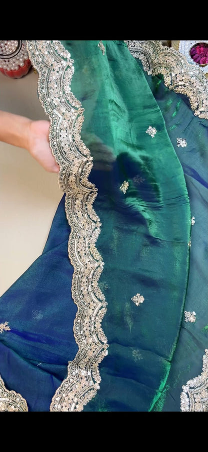 Peacock Teal Fendy Satin Embroidered Saree with Stitched Blouse