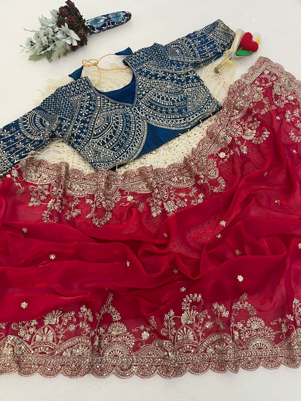Elegant Fendy Satin Embroidery Work Saree