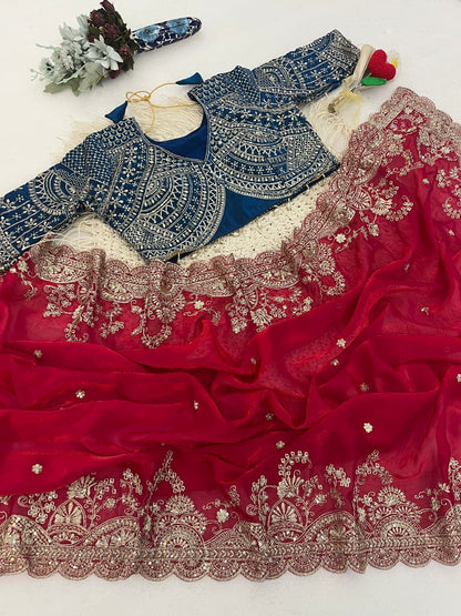 Elegant Fendy Satin Embroidery Work Saree