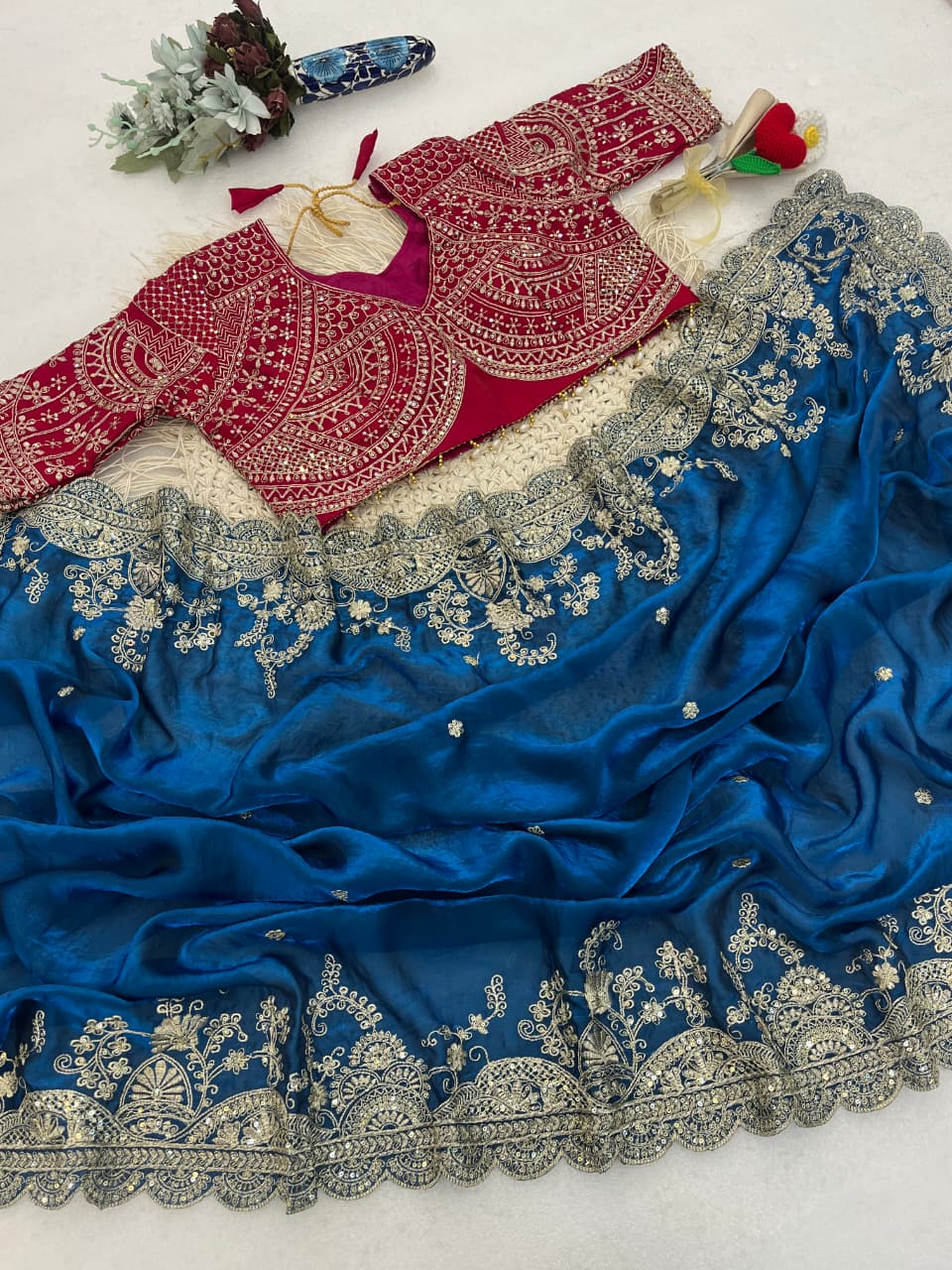 Elegant Fendy Satin Embroidery Work Saree