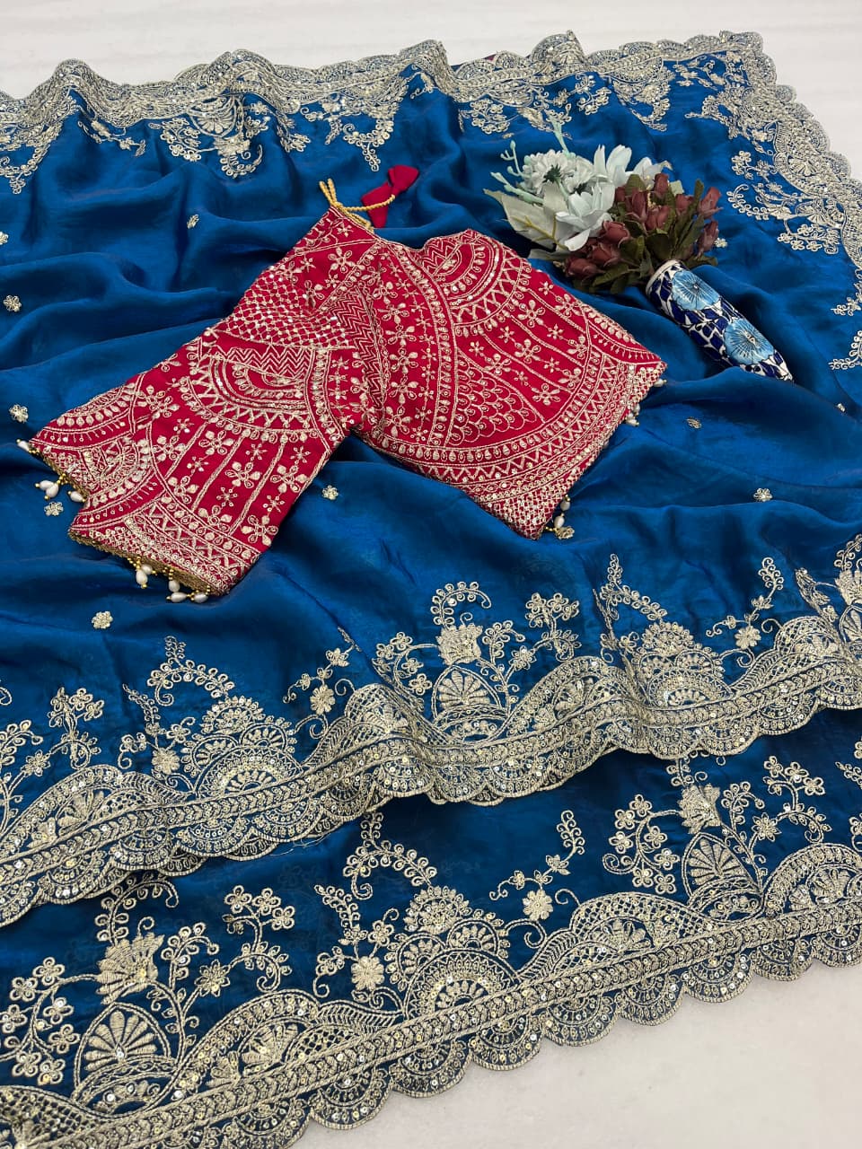 Elegant Fendy Satin Embroidery Work Saree