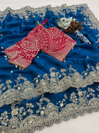 Elegant Fendy Satin Embroidery Work Saree