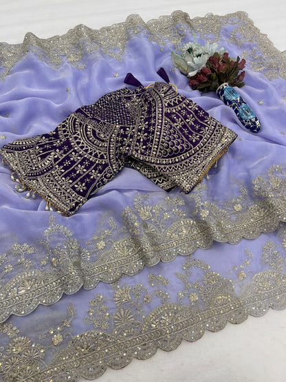 Elegant Fendy Satin Embroidery Work Saree