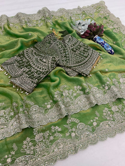 Elegant Fendy Satin Embroidery Work Saree