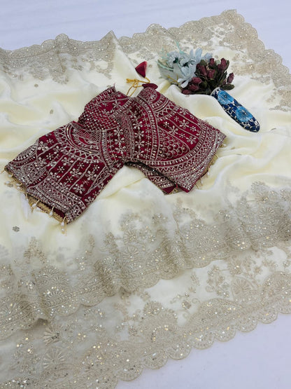 Elegant Fendy Satin Embroidery Work Saree