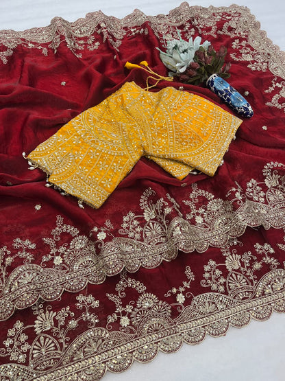 Elegant Fendy Satin Embroidery Work Saree