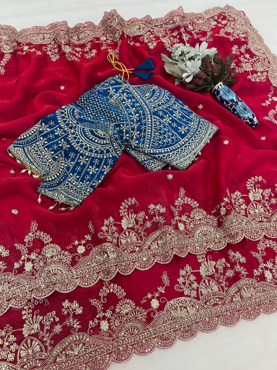 Elegant Fendy Satin Embroidery Work Saree