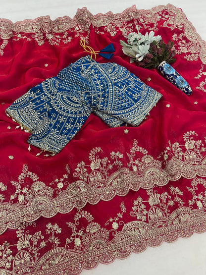 Elegant Fendy Satin Embroidery Work Saree