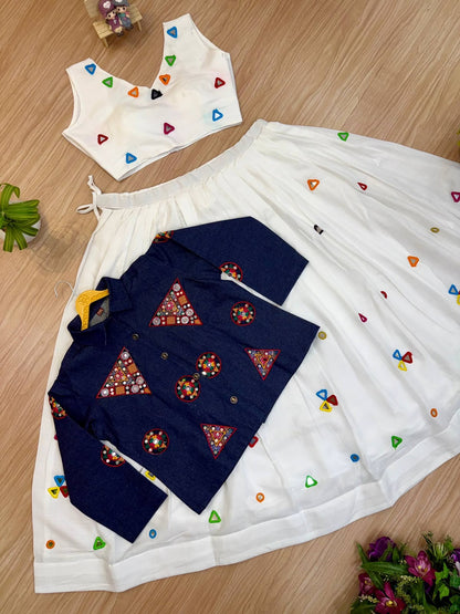 Rayon Cotton Mirror Work Lehenga with Denim Gamthi Mirror Embroidered Jacket
