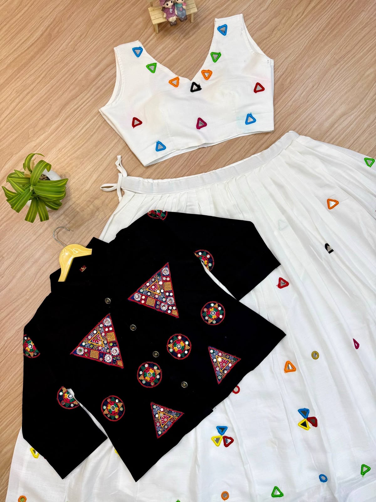 Rayon Cotton Mirror Work Lehenga with Denim Gamthi Mirror Embroidered Jacket