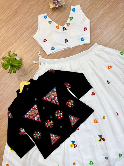 Rayon Cotton Mirror Work Lehenga with Denim Gamthi Mirror Embroidered Jacket