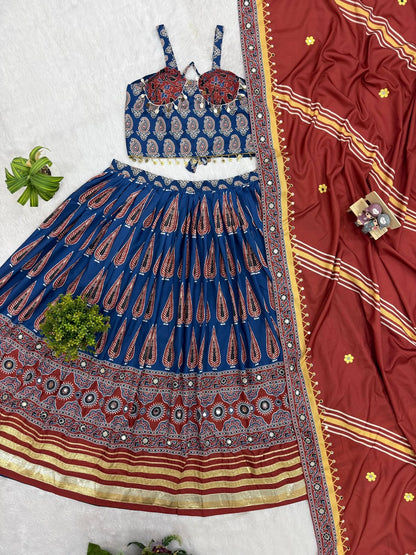 Natural Crepe Digital Ajrakh Print Work Navratri Lehenga