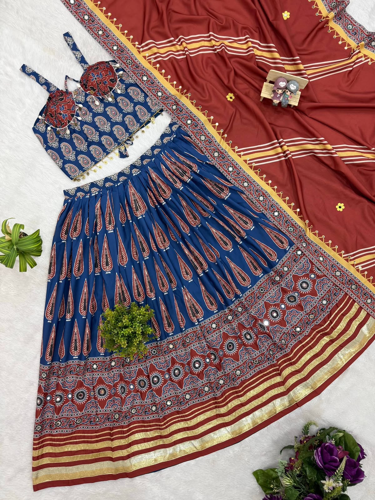 Natural Crepe Digital Ajrakh Print Work Navratri Lehenga