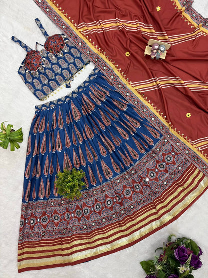 Natural Crepe Digital Ajrakh Print Work Navratri Lehenga
