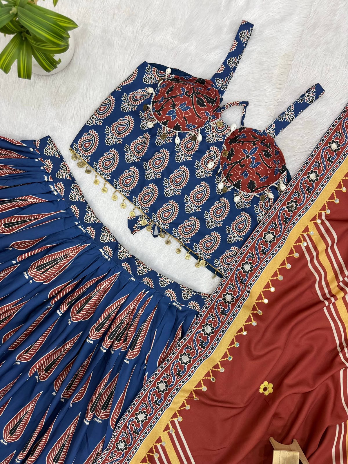 Natural Crepe Digital Ajrakh Print Work Navratri Lehenga