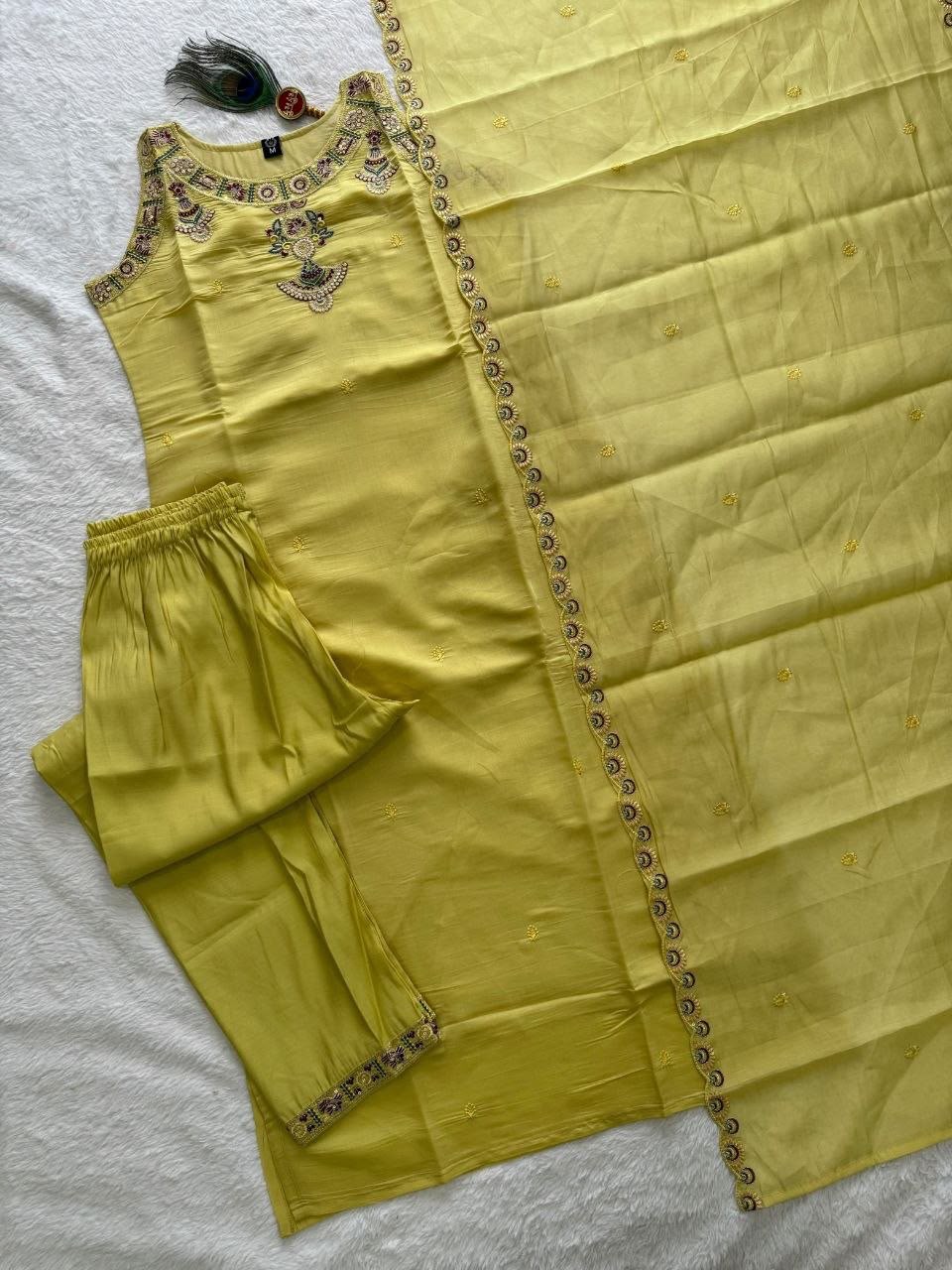 Yellow Color Mul Chanderi With Embroidery Work Top Pent