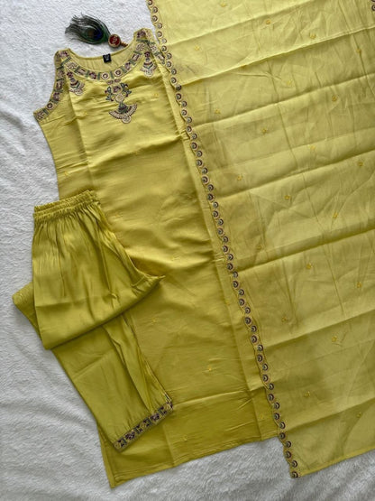 Yellow Color Mul Chanderi With Embroidery Work Top Pent