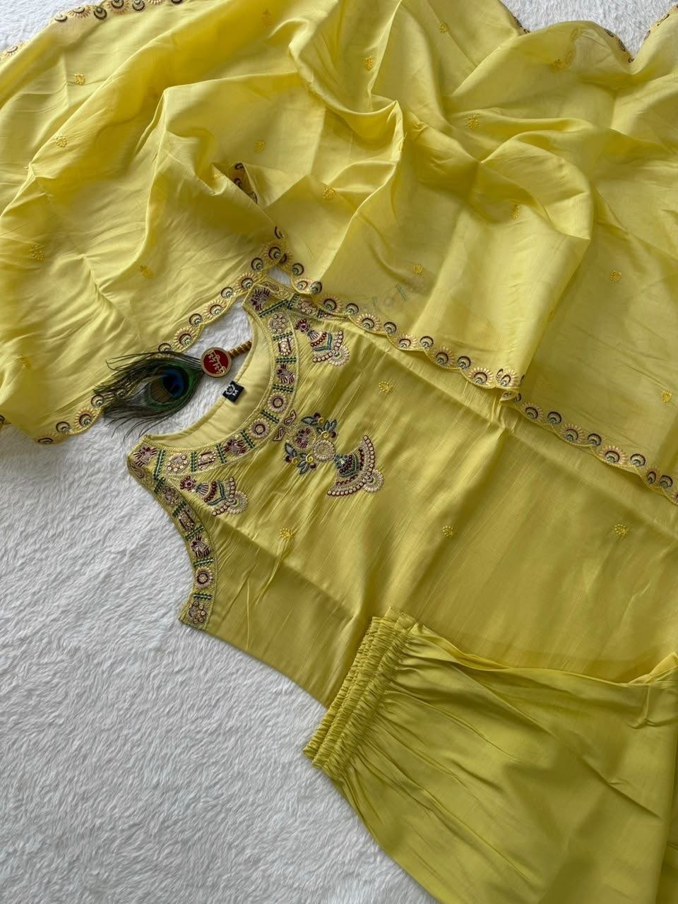 Yellow Color Mul Chanderi With Embroidery Work Top Pent
