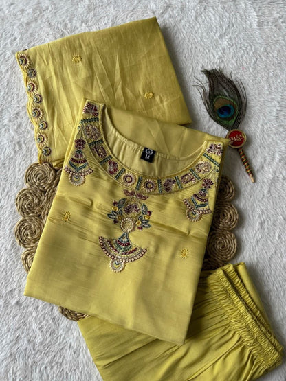 Yellow Color Mul Chanderi With Embroidery Work Top Pent