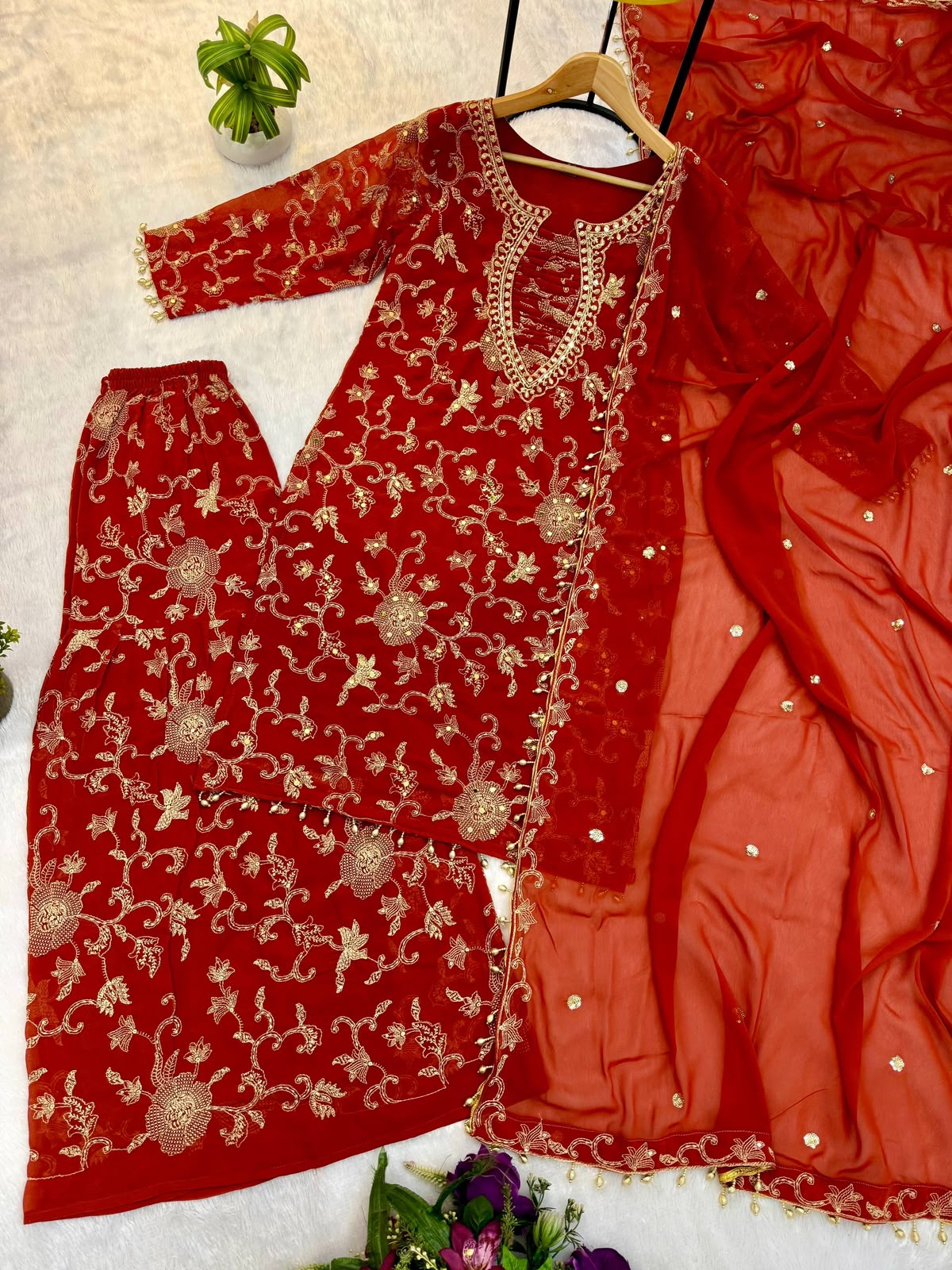 Orange Color Beautifull Georgette With Embroidery Work Kurti Pent