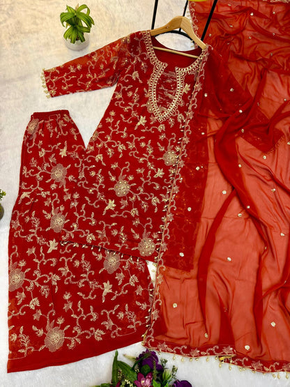 Orange Color Beautifull Georgette With Embroidery Work Kurti Pent