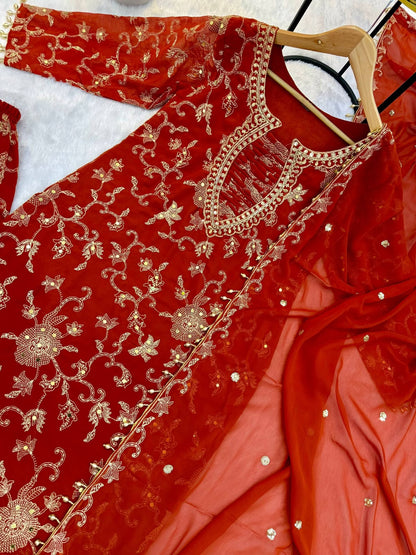 Orange Color Beautifull Georgette With Embroidery Work Kurti Pent