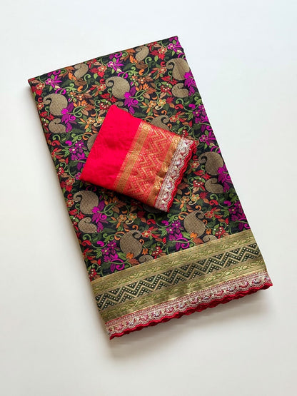 Beautifull Row Silk With Hand Daying Embroidery Work Saree