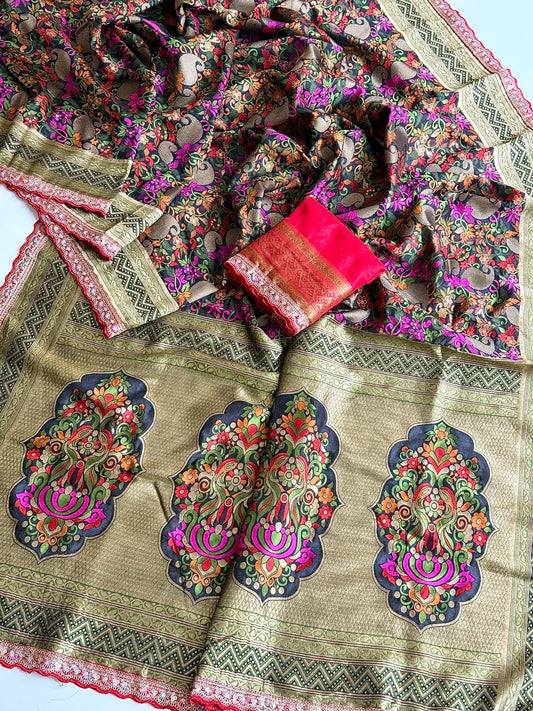 Beautifull Row Silk With Hand Daying Embroidery Work Saree