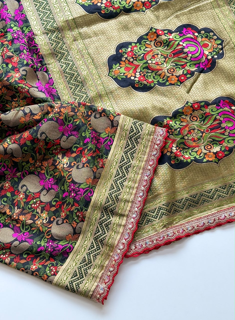 Beautifull Row Silk With Hand Daying Embroidery Work Saree