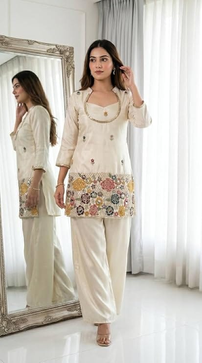 Premium Soft Chinon Embroidered Bustier & Palazzo Suit Set