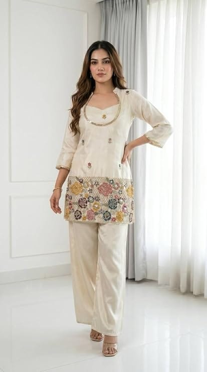 Premium Soft Chinon Embroidered Bustier & Palazzo Suit Set